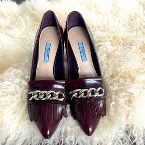Prada Block Heel with chain detail 38.5z leather mahogany in color.